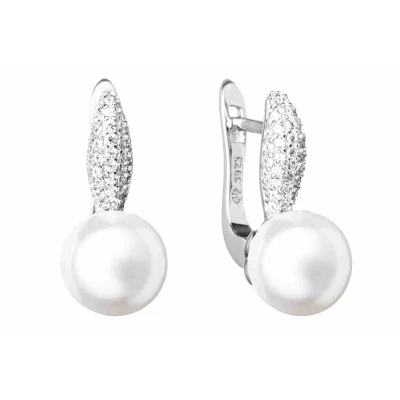 Abbildung von Gaura Pearls Perlenohrringe Modern weiß rund 8.5 9 mm, Süßwasserzuchtperle Zirkonia, 925er rhodiniertes Silber