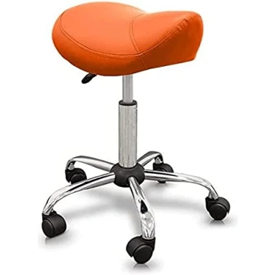 Abbildung von QUIRUMED Pony Hocker, ergonomisch, mit Stahlgestell, Farbe Orange, Kunstlederpolsterung, höhenverstellbar, gepolsterter Sitz, drehbare Räder, bis 150 kg