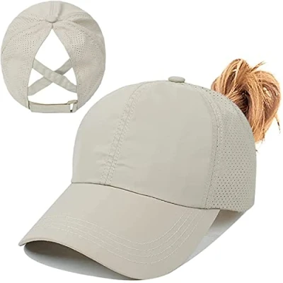 Abbildung von Pferdeschwanz Baseballkappe Damen Sommer Einstellbare Schnell trocknende Masche Atmungsaktiv Baseballmütze Unisex Criss Cross Hüte Sport Mütze (Khaki)