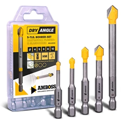 Abbildung von Amboss DryAngle Set Ø 4/5 / 6/8 10 mm Fliesenbohrer Glasbohrer Keramikbohrer Sechskantschaft für Bohrmaschinen Glas/Wandfliesen/Dachziegel/Keramik bohren