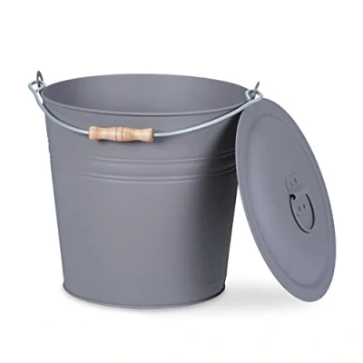 Abbildung von Relaxdays Ascheeimer mit Deckel, 12 Liter, Aschetonne Tragegriff, für Kohle &amp; Asche, rund, Kamin, Ofen Grill, grau