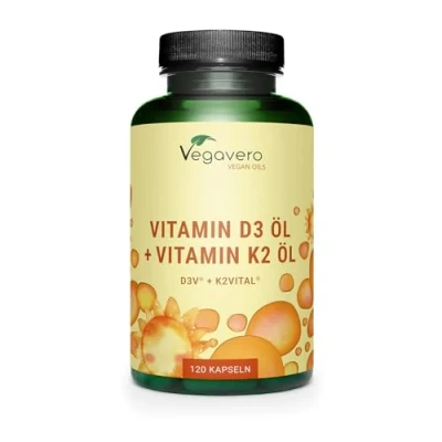 Abbildung von Vitamin D3 K2 Öl Kapseln Laborgeprüft &amp; Ohne Zusatzstoffe mit MCT V. E Markenrohstoffe 1000 IE &gt;99% all trans MK 7 Vegan Deutsche Produktion Vegavero®