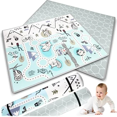 Abbildung von Nukido Spielmatte Doppelseitige Krabbelmatte Baby Krabbeldecke Matte Bodenmatratze Kinderzimmer faltbar Bodenmatte Kinder Babyspielzeug 0 6 monate Blau 150x180x1,5 cm