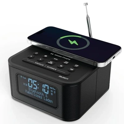 Abbildung von MAJORITY Knapton Nachttischradio mit Bluetooth 15W kabelloses Laden &amp; USB DAB+ und FM Lauter Doppelalarm, Schlaf Schlummerfunktion Großes dimmbares, beleuchtetes LCD Display