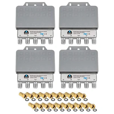 Abbildung von 4X DiseqC Schalter Switch 4/1 mit Wetterschutzgehäuse HB DIGITAL SAT LNB 1 x Teilnehmer/Receiver für Full HDTV 3D 4K UHD + 20 Vergoldete F Stecker Vergoldet