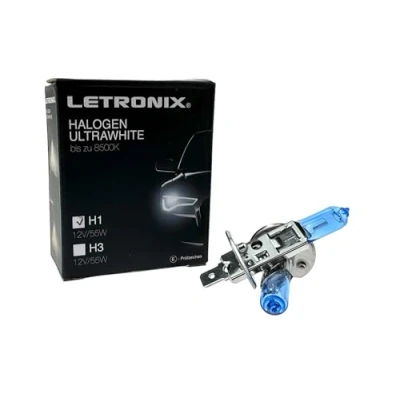Abbildung von letronix Halogen Auto Lampen H1 12V 8500K Kalt Weiß Xenon Optik Gas Ultra White Look Birnen Lampe Abblendlicht Nebelscheinwerfer Fernlicht Kurvenlicht Zulassung E Prüfzeichen (LED Optik) (H1 55W)