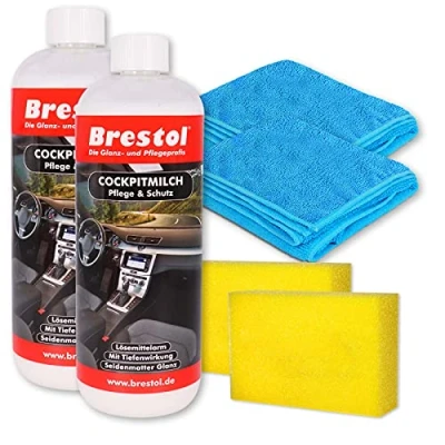 Abbildung von Brestol Cockpitmilch 2X 1000 ml + Zuebhör Set Cockpitpflegemilch Cockpitreinigungsmilch Innenraumpflege Tiefenpflege Kunststoffpflege Gummipflege Cockpitpflege Vinypflege