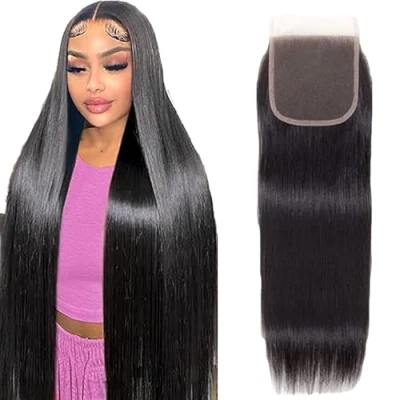 Abbildung von Tuheerst Lace Closure Human Hair Straight 4x4 Natural Black Bresilienne Cheveux Humain Bleached Knots with Baby for Woman 20 Inch