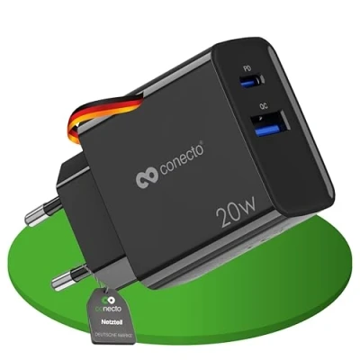 Abbildung von conecto USB C Ladegerät, 2 Port Mehrfach Adapter, Netzteil 20 Watt Schnellladegerät kompatibel mit Apple iPhone 15, Samsung, Tablet, Laptop UVM, PD QC Charger, Schwarz