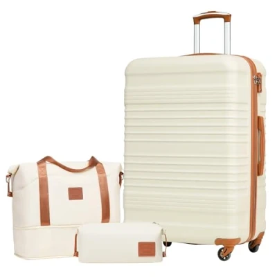 Abbildung von COOLIFE Koffer Set Trolley ABS Hartschale Reisekoffer 4 Rollen TSA Schloss einziehbarer Der Enthält 1 Reisetasche und Kulturbeutel (Weiß/Braun, Großer 3tlg)