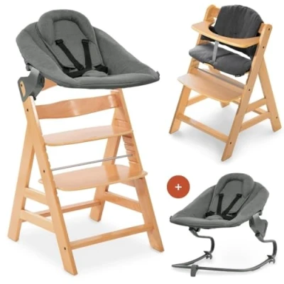 Abbildung von hauck Alpha Plus Newborn Set mit Premium Bouncer Dark Grey Baby Holz Hochstuhl ab Geburt Liegefunktion extra flacher Aufsatz für Neugeborene &amp; Baumwoll Sitzpolster Natur