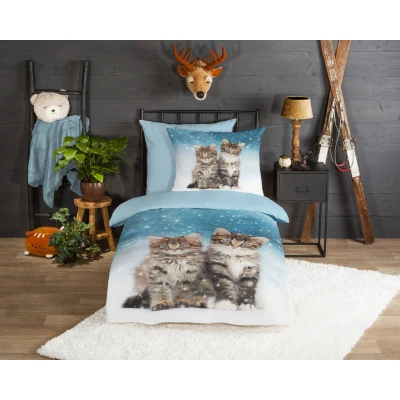 Abbildung von good morning Kinderbettwäsche Family, Biber, 2 teilig, 135x200, Weich, Warm, Reißverschluss, Wendeoptik, Kind, Katze