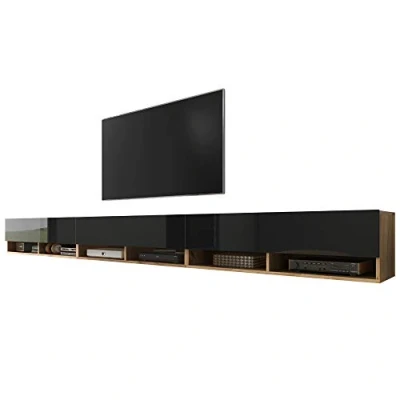 Abbildung von Selsey Wander TV Board/Fernsehschrank für Wohnzimmer hängend/stehend, optional mit LED, 300 (3 x 100) cm breit (Holzoptik Wotan Eiche/Schwarz Hochglanz, ohne LED)