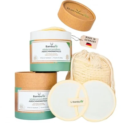 Abbildung von BAMBUNA 2x 15 Stk. wiederverwendbare Wattepads mit Baumwoll Waschbeutel Abschminkpads waschbar Bambus Make Up Entferner Pads