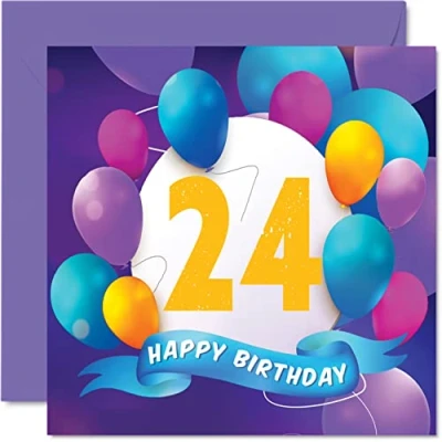 Abbildung von Geburtstagskarte zum 24. Geburtstag für Männer und Frauen Ballon Party Happy Birthday Karten 24 Jahre alte Männer, Frauen, Bruder, Schwester, Sohn, Tochter, Enkelin, Cousin, 145 mm x