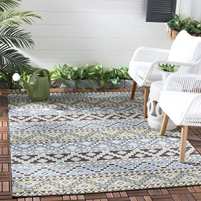 Abbildung von SAFAVIEH Boho Teppich für Wohnzimmer, Esszimmer, Schlafzimmer Veranda Collection, Kurzer Flor, Blau und Creme, 201 X 290 cm