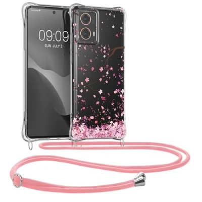 Abbildung von kwmobile Necklace Case kompatibel mit Motorola Moto G85 5G Hülle Silikon Cover Handykette Rosa Dunkelbraun Transparent Kirschblütenblätter