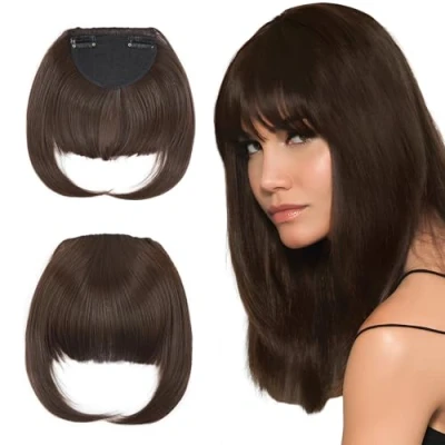 Abbildung von Elailite Clip in Pony Haarteil, 30g 20cm Fringe Bangs Extension Front Hair, Haarverlängerung Haarteile Natürliche Wirkung Kastanie