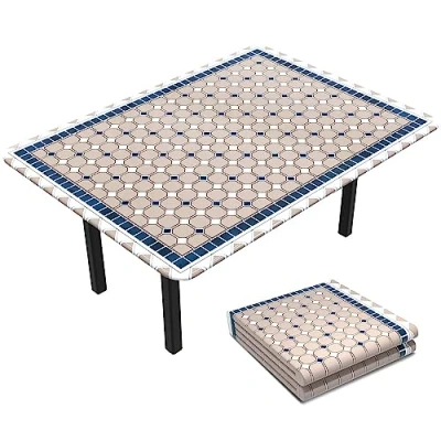 Abbildung von VOUNOT Tischdecke Outdoor, Elastisch Rechteckig Gartentischdecke, Abwaschbar abwischbar Wetterfest, 180x114 cm, Khaki, Blau, 6702868103191