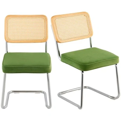 Abbildung von VEVOR Rattan Stühle, 2er Set, Moderner Esszimmerstuhl, Gepolsterter Samt Akzentstuhl mit Rückenlehne, Retro Esszimmer Küchenstuhl für Wohnzimmer, Schlafzimmer, Lesezimmer, Grün