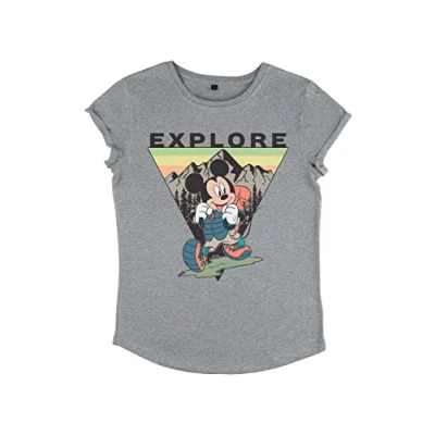 Abbildung von Disney Damen Mickey Classic Explore Travel Women&#039;s Organic Rolled Sleeve T shirt Shirt, Melange Grey, S