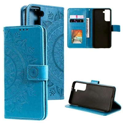 Abbildung von CoverKingz Handy Cover kompatibel mit Samsung Galaxy S21 5G Handyschutz Kartenfach Klapphülle Bookcase Hülle aufklappbar Motiv Mandala Blau