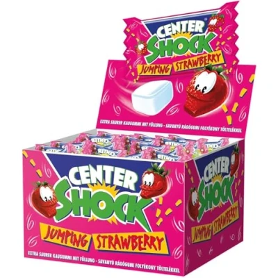 Abbildung von Center Shock Jumping Strawberry, Box mit 100 Kaugummis, extra sauer Erdbeer Geschmack, perfekt für Geburtstag, Pinata, Partys &amp; Halloween, 400g