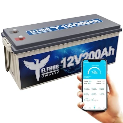 Abbildung von Elfhub 12V 200Ah LiFePO4 Autobatterie mit Bluetooth Eingebauter 200A BMS, 2560Wh Deep Cycle Lithium Batterie, 4000+ Zyklen, Ideal für Wohnmobil, Solar Trailer, Boot und Camping
