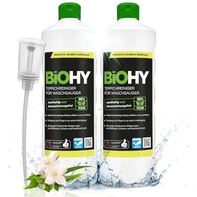 Abbildung von BiOHY Teppichreiniger für Waschsauger (2 x 1 liter) + Dosierer geeignet alle entfernt Flecken und Schmutz mühelos Reinigung Pflege in nur einem Arbeitsgang