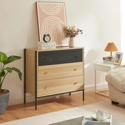 Abbildung von [en.casa] Kommode Tysnes Schubladenschrank Sideboard mit 3 Schubladen 80 x 40 cm Aufbewahrungsschrank Wohnzimmerschrank Schubladenkommode Metallgestell Beistellschrank Eiche/Schwarz