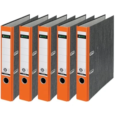 Abbildung von Leitz Qualitäts Ordner, das Original, DIN A4 Aktenordner 8 cm breit, Wolkenmarmor Papier, Recycling Blauer Engel, Mit 180 Mechanik, Höchste Stabilität (Schmal, Orange, 5 Stück)
