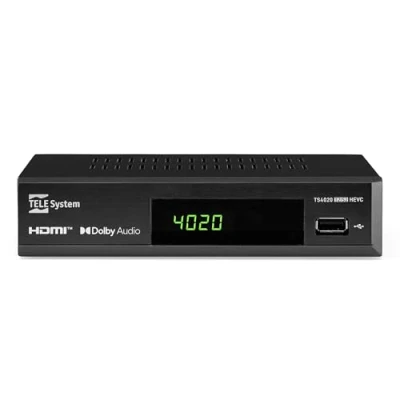 Abbildung von Tele System TS4020 Decoder mit Dual DVB T/T2 und S/S2 HEVC HD HDR10 HLG Tuner, Zugang zu Free to Air , terrestrischen Satellitenfernsehen Radio. USB Media Player für Musik Fotos im