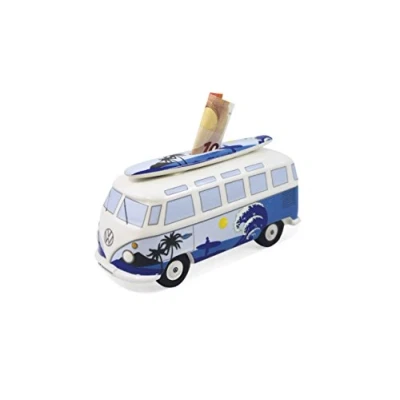 Abbildung von VW Collection by BRISA Spardose Volkswagen Sparschwein im T1 Bulli Bus Design mit Surfbrett, Geldbüchse aus hochwertiger Keramik