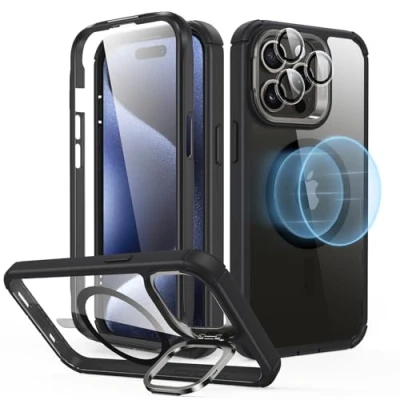 Abbildung von ESR für iPhone 15 Pro Max Hülle, Kompatibel mit MagSafe, 360 Grad Schutzhülle Stoßfest Militärnorm Magnetische Handyhülle Kameraschutz Ständer, 2 teilige robuste Klares Schwarz