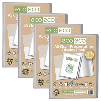 Abbildung von eco Präsentationsbuch, A5, 50% recycelt, 60 Taschen, transparent, Aufbewahrungsbox, Portfolio Kunstmappe mit Kunststoffhüllen, 4 Stück, eco131 x