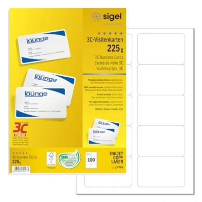 Abbildung von SIGEL LP798 bedruckbare Karten, 100 Stück (10 Blatt A4), hochweiß, abgerundete Ecken, Visitenkarten, Blanko Spielkarten zum Beschriften, glatter Schnitt, 225 g, 85x55 mm, nachhaltiges Papier