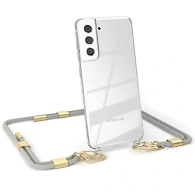 Abbildung von EAZY CASE kombinierbare Handyketten kompatibel mit Samsung Galaxy S21 FE 5G, Transparente Silikon Hülle stylischen Umhängeband, Abnehmbarer Karabiner, Gurt zum wechseln, Taupe Clips Gold