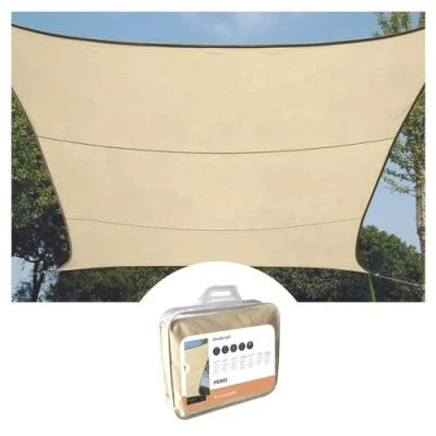 Abbildung von Perel Sonnensegel, Segel Sonnenschutz für Terrasse und Pool, winddurchlässig, wasserdurchlässig, UV Schutz, 4 Edelstahl O Ringe, 5 x m, 180 g/m², HDPE, quadratisch, Champagne