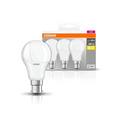 Abbildung von Osram LED Base Classic A Lampe, in Kolbenform mit B22d Sockel, nicht dimmbar, Ersetzt 60 Watt, Matt, Warmweiß 2700 Kelvin, 3er Pack
