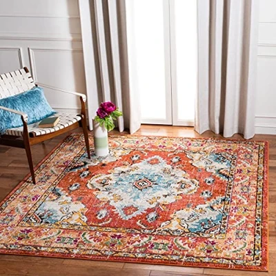 Abbildung von Safavieh Boho Teppich für Wohnzimmer, Esszimmer, Schlafzimmer Monaco Collection, Kurzer Flor, Orange und Hellblau, 152 x cm