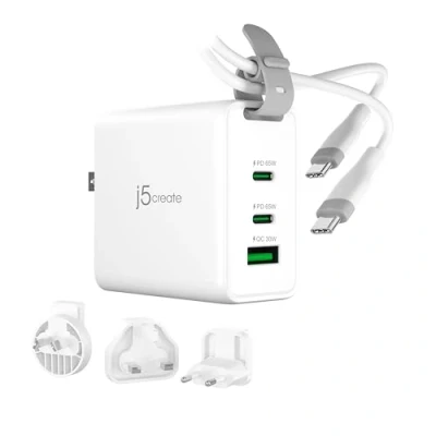 Abbildung von j5create USB C 3 Port 65W GaN Ladegerät mit UK/EU/US/AU Travel Plug Adapter und Ladekabel, Kompatibel MacBook Pro/Air, iPhone 16/15, iPad, Galaxy S24 (JUP3565CV)