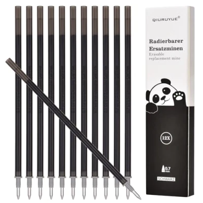Abbildung von QIURUYUE 12x Radierbarer Ersatzminen Kompatibel Mit Legami Einfach zu radieren Stiftspitze 0,7mm,Höhe 13 cm (Schwarz)