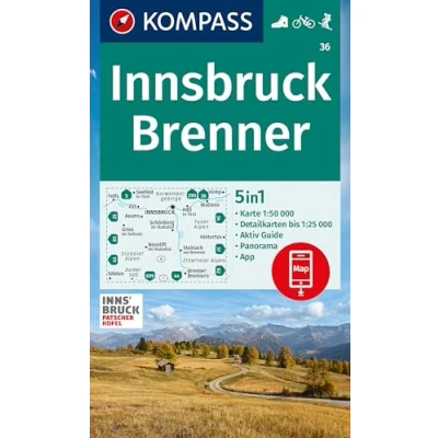Abbildung von KOMPASS Wanderkarte 36 Innsbruck, Brenner 1:50.000: 5in1 mit Panorama, Aktiv Guide und Detailkarten inklusive Karte zur offline Verwendung in der App. Fahrradfahren. Skitouren.