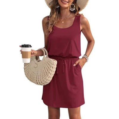 Abbildung von WNEEDU Sommerkleid Damen Ärmellose Strandkleid U Ausschnitt KordelzugKleid Luftiges Kleid Sommer mit Taschen Weinrot M