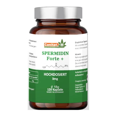 Abbildung von Spermidin Forte+ natürliches aus Weizenkeimextrakt 120 Kapseln hochdosiert mit 3mg pro Kapsel Vegan Deutschland Canitat M