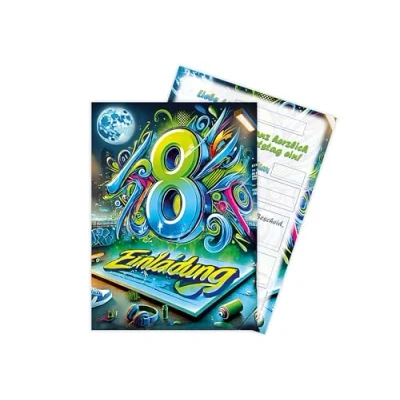 Abbildung von LIMONIA Einladungskarten Graffiti zum Kindergeburtstag Mädchen Jungen Einladungen neon, 8. Geburtstag mit Motiv