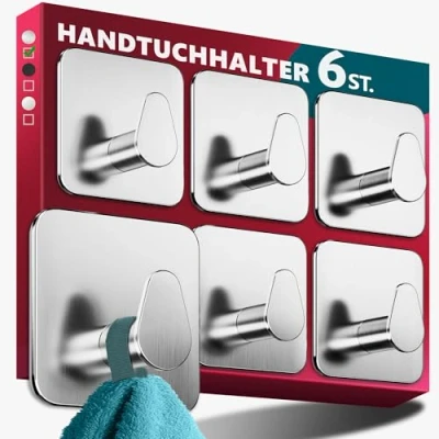 Abbildung von Menz Handtuchhalter ohne Bohren Edelstahl, 6er Set Wasserfeste Badezimmer Handtuchhalter, ovale Klebehaken fürs Bad, Haken selbstklebend als stabil Handtuchhaken, funktional und hochwertig