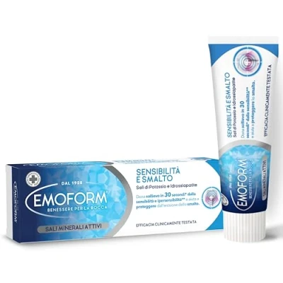 Abbildung von Emoform Sensitive Zahnpasta und Nagellack mit Kaliumsalzen 75 ml lindert in 30 Sekunden Empfindlichkeit Überempfindlichkeit hilft, vor Erosion zu schützen