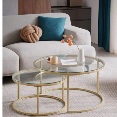 Abbildung von HJhomeheart 2er Set runde Couchtische Groß: 60 x 45 cm Klein: 40 35 cm, Couchtisch Rund(Gold und Glas)
