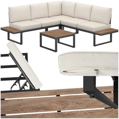 Abbildung von tectake® Gartenlounge Set 4 teilig, wetterfest, Gartenmöbel mit Aluminium Gestell und Polywood Tisch, verstellbare Rückenlehne, Kissen, für Garten, Balkon, Terrasse
